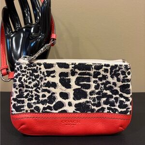 Coach Leopard Print Canvas Wristlet with Red Leather Trim